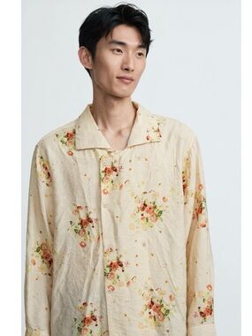FOUND || Floral Button Down Shirt Cream Yellow Large